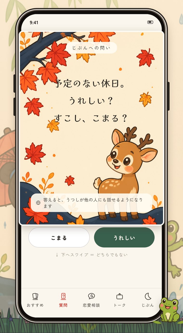 山札の問いに二択で答えている画面。紅葉に鹿の札に「予定のない休日。うれしい？ すこし、こまる？」とある